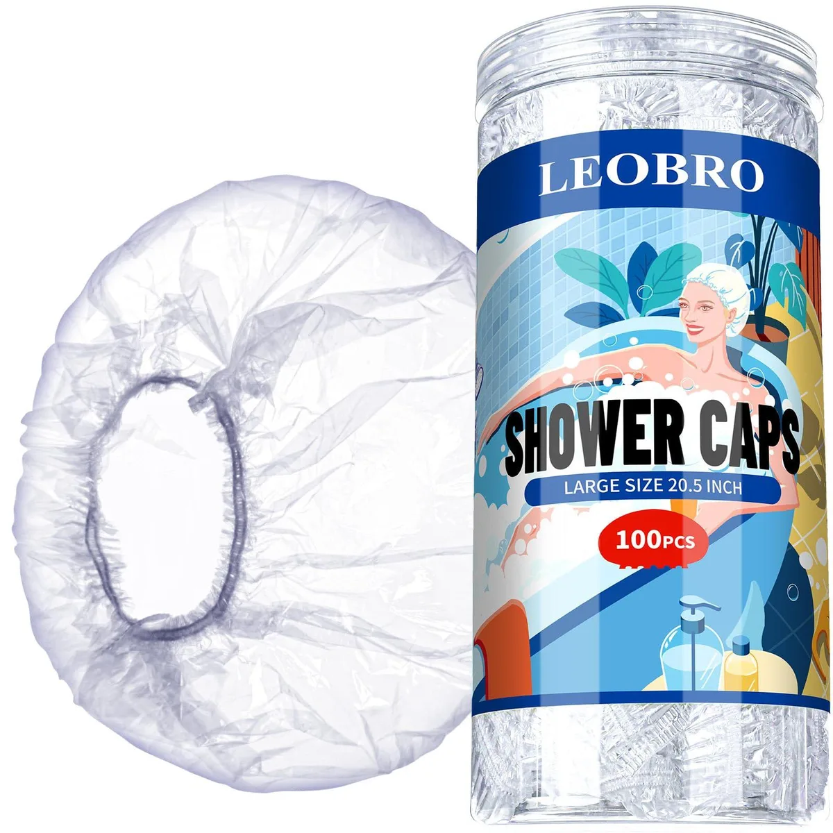 Clear disposable shower caps in bulk pack, elasticated edges, 100 count