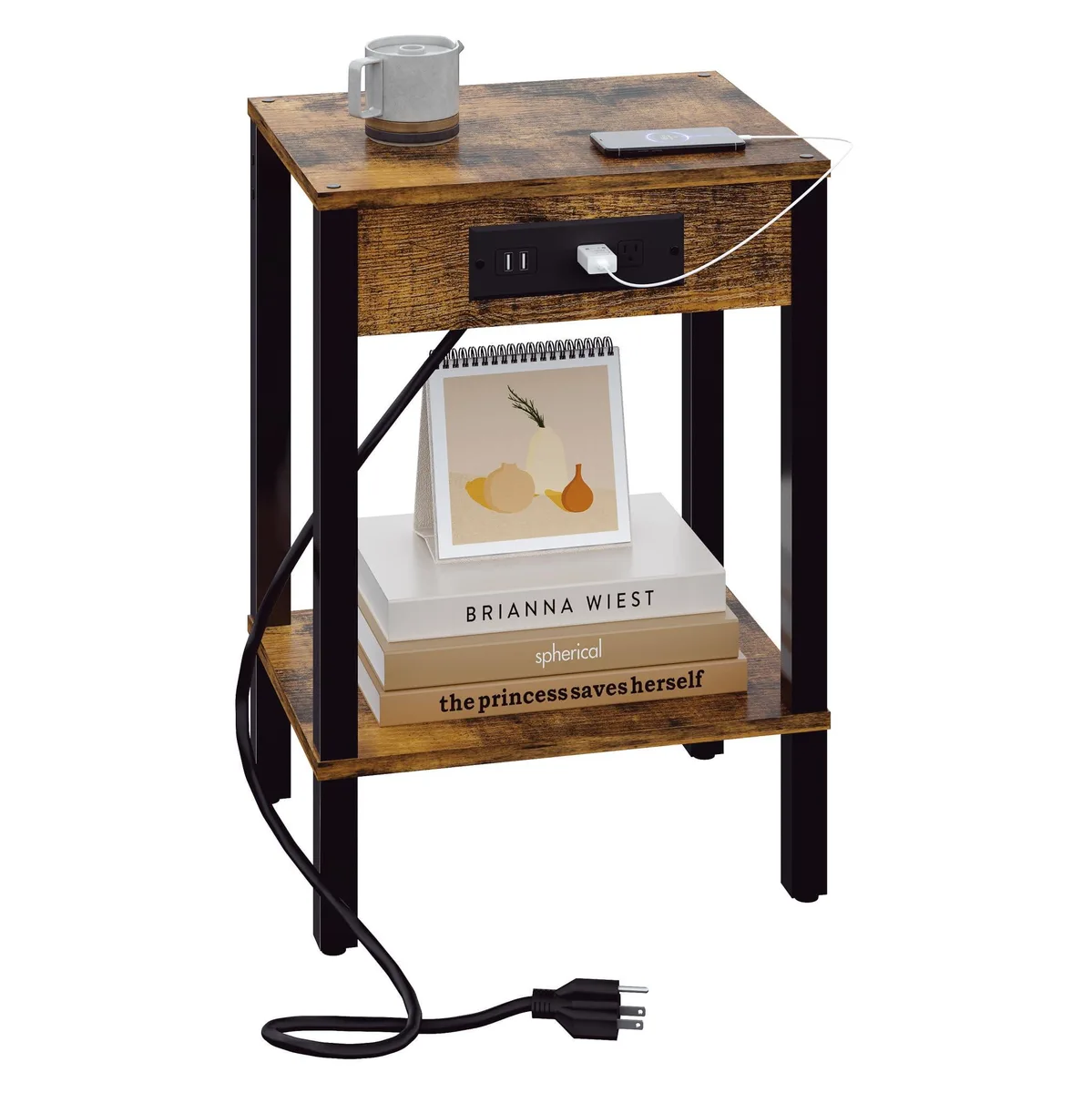 Compact two-tier end table in rustic brown wood finish with built-in charging station and storage shelf