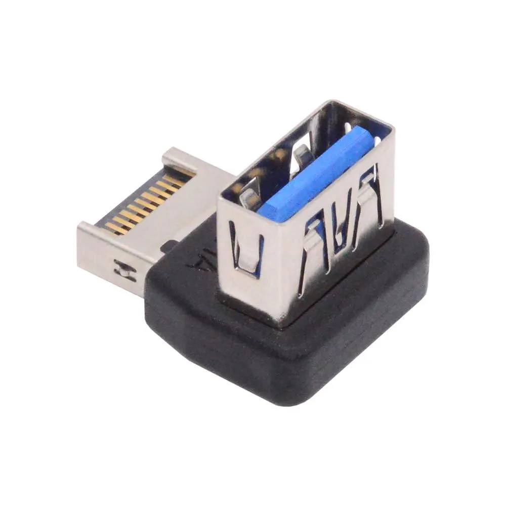 Compact right-angle adapter with black USB 3.0 header plug and blue USB 3.1 Type-A socket