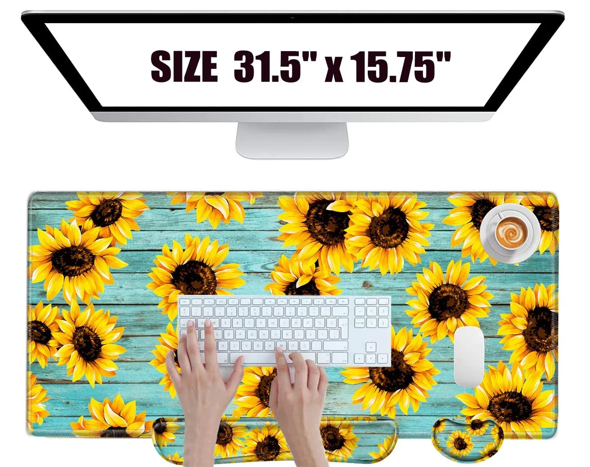  BBSujane Sunflower Teal Desk Mat 31.5 x 15.75 in 3-in-1 with Wrist Rests — product photo