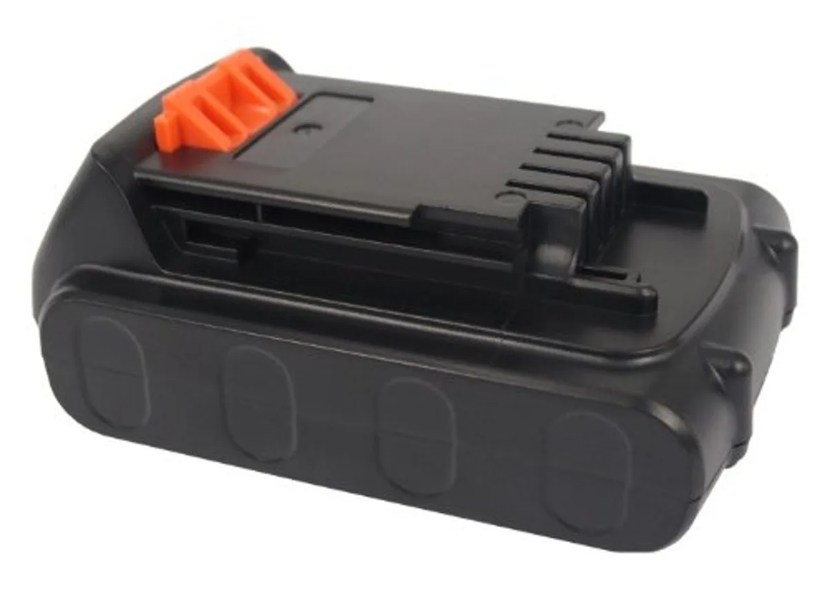 Rectangular black lithium-ion power tool battery with slide-on contacts