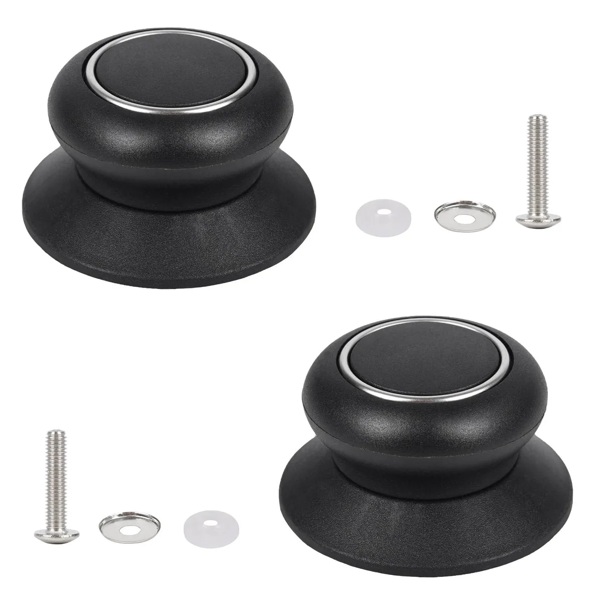 Black bakelite pot lid knob, 5 cm top and 6 cm base diameter, with screw and silicone gasket