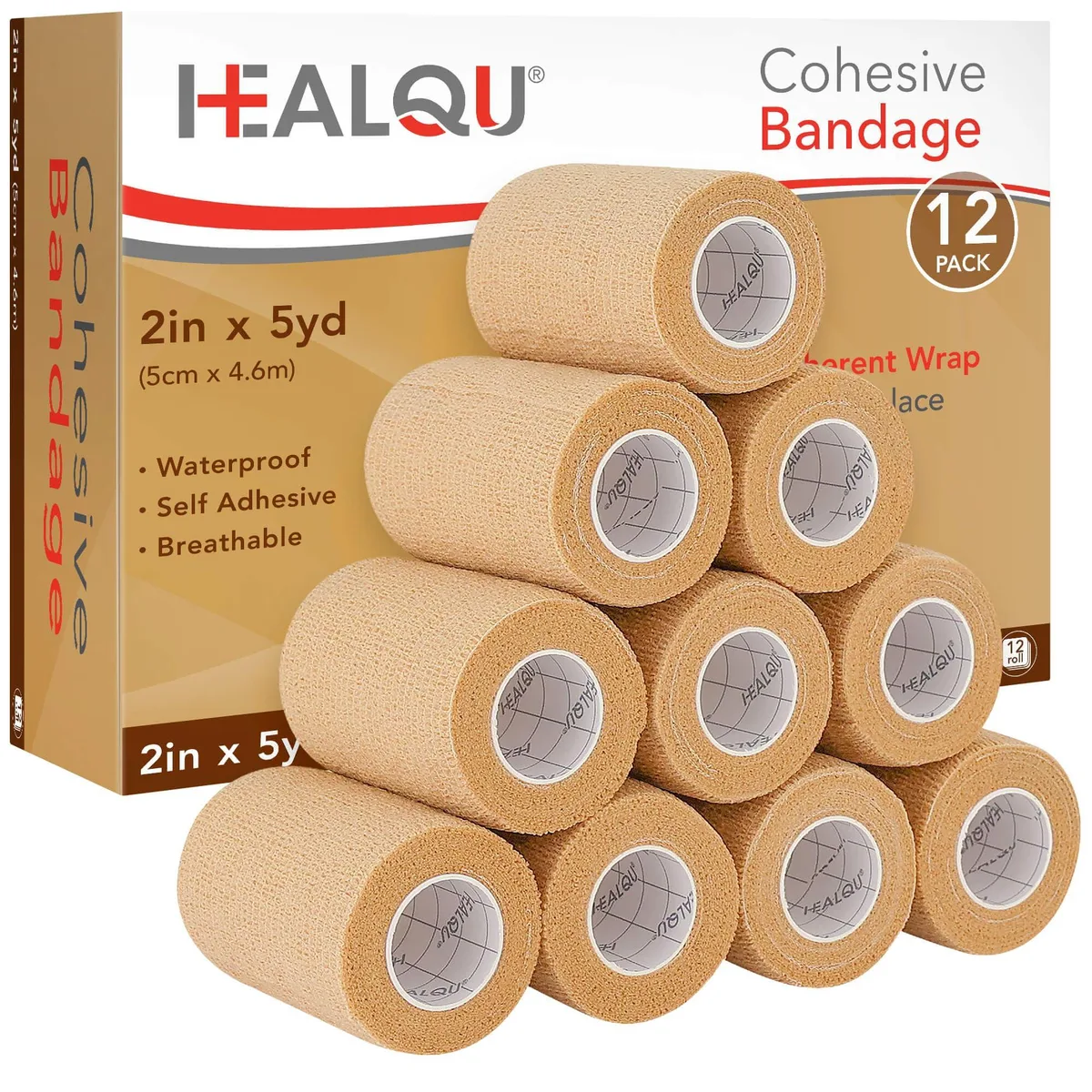  Healqu Self Adhesive Bandage Wrap 12 Rolls Tan — product photo