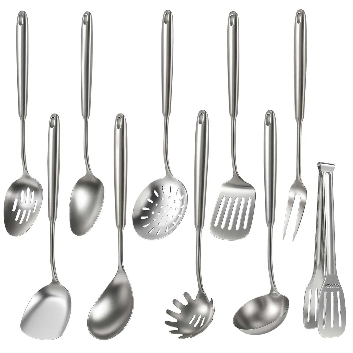 Silver stainless steel 10-piece cooking utensil set with ergonomic handles