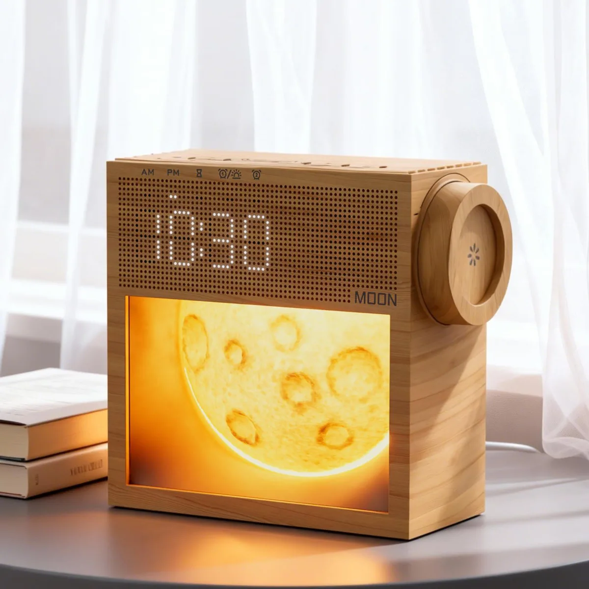 White rectangular acrylic clock with touch display and sunrise light, 6 by 14 by 15 centimetres
