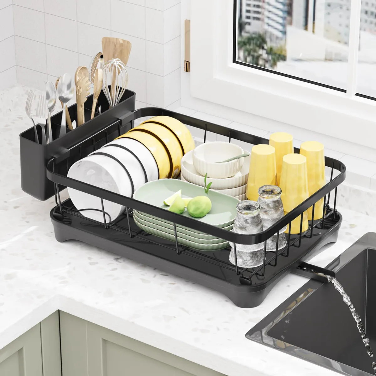 Black iron dish drying rack with adjustable spout, removable draining board and three-slot cutlery holder, four silicone feet