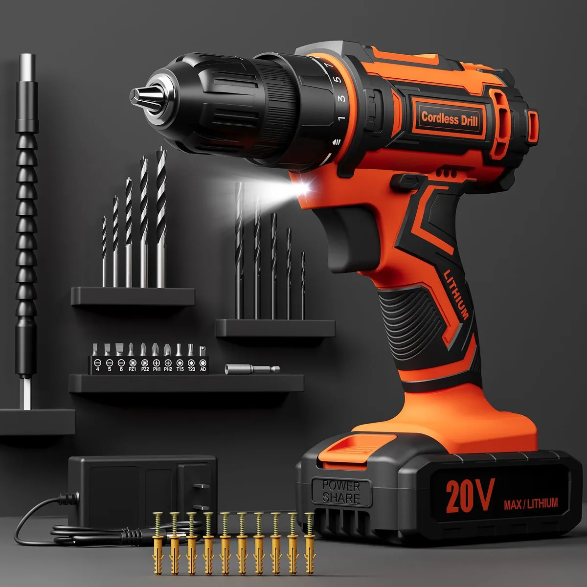 Orange cordless drill in case with 42 accessories