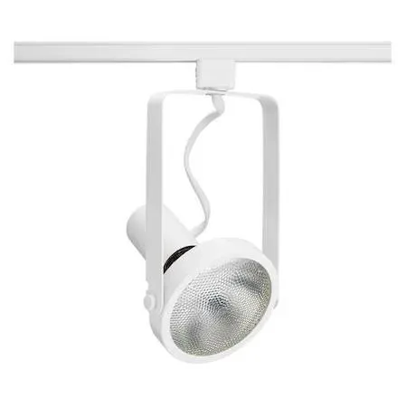 White gimbaled track head, steel housing, floating socket mount, 358 degree rotation, 90 degree tilt