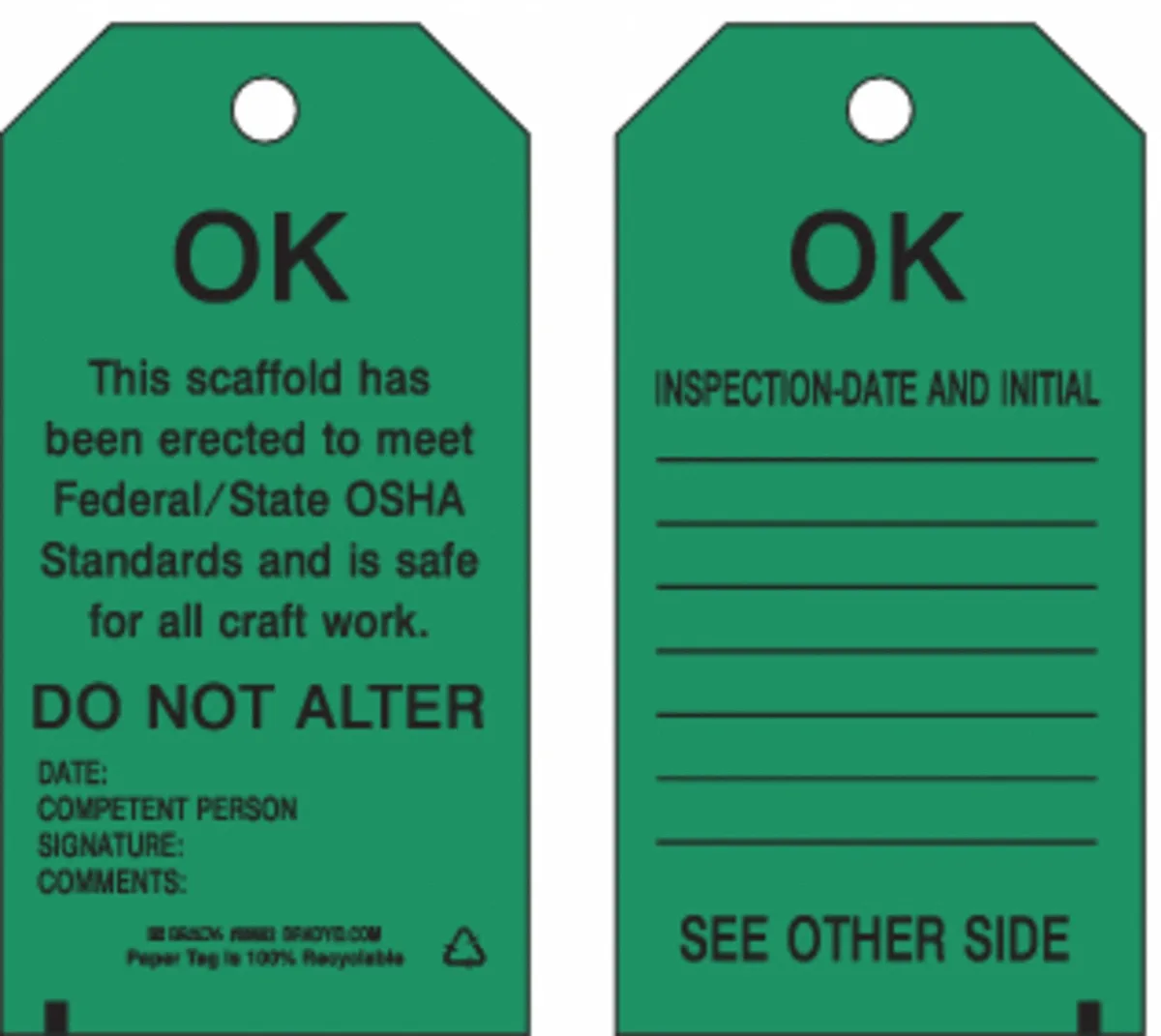 Pack of 100 rectangular Brady scaffold OK tags, black and green cardstock