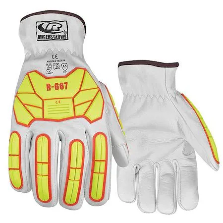 Pair of medium leather impact-resistant gloves with full-finger coverage and shirred slip-on cuffs