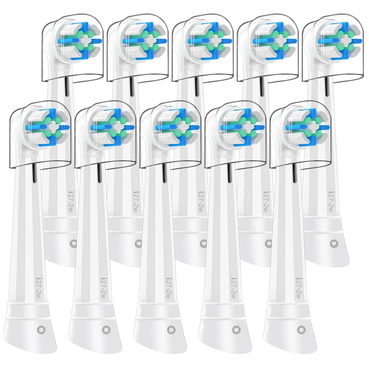 White round electric toothbrush heads in a pack of 10