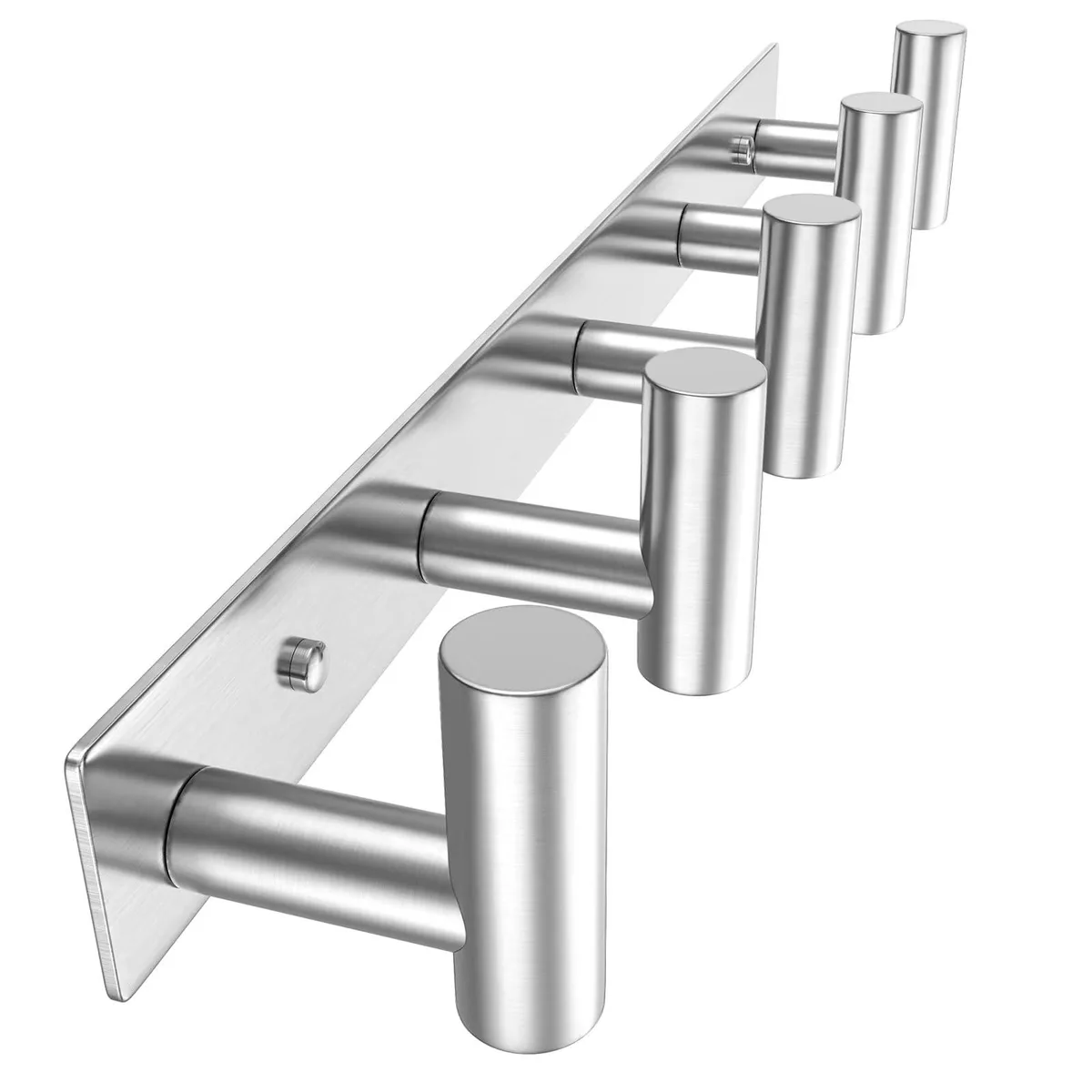 Black stainless steel wall-mounted coat rack with five hooks, 14.96 by 1.57 by 1.96 inches