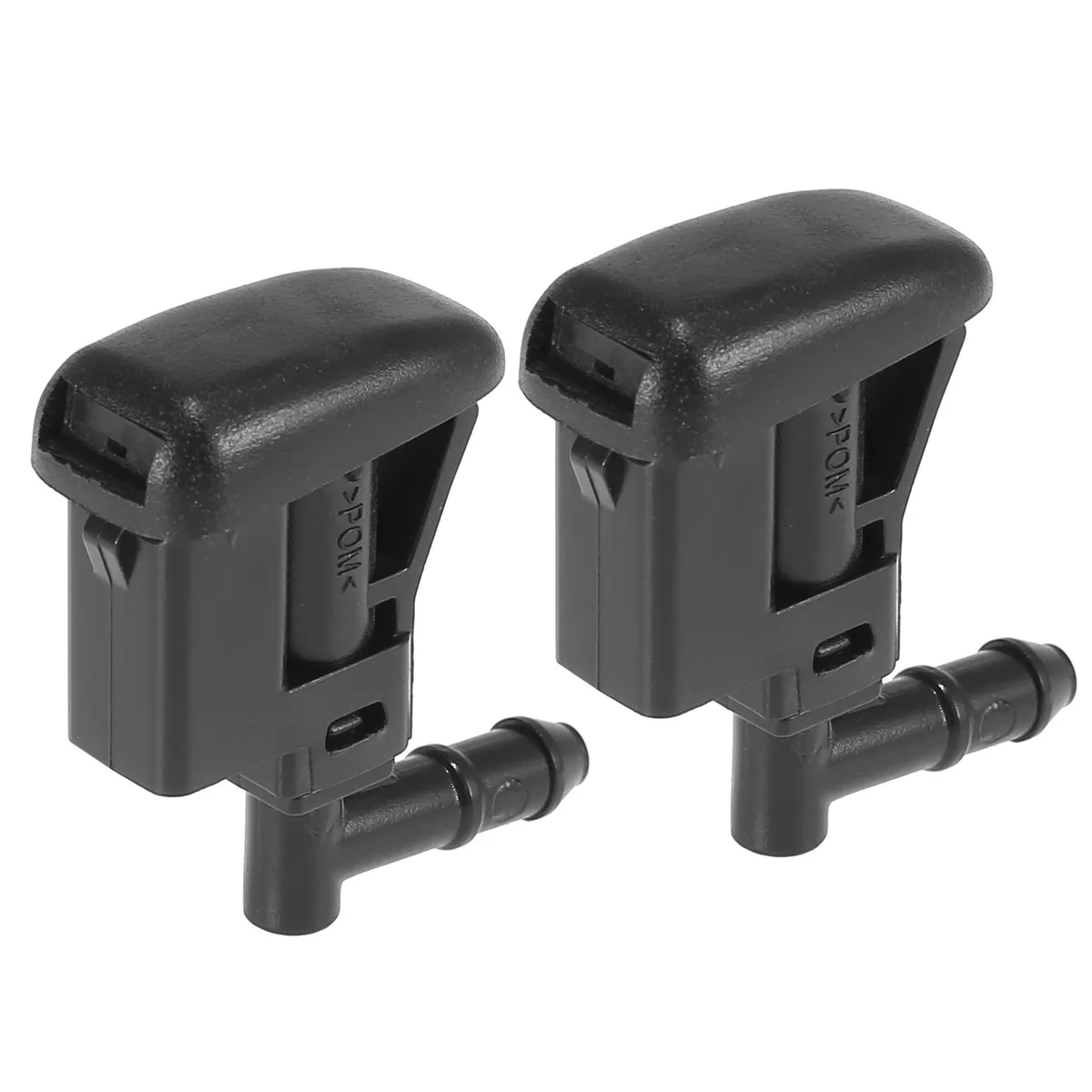 Two black plastic windshield washer nozzles for BMW E46