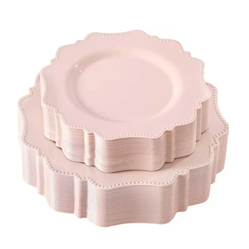 Stack of pink square plastic plates, 30 large and 30 small