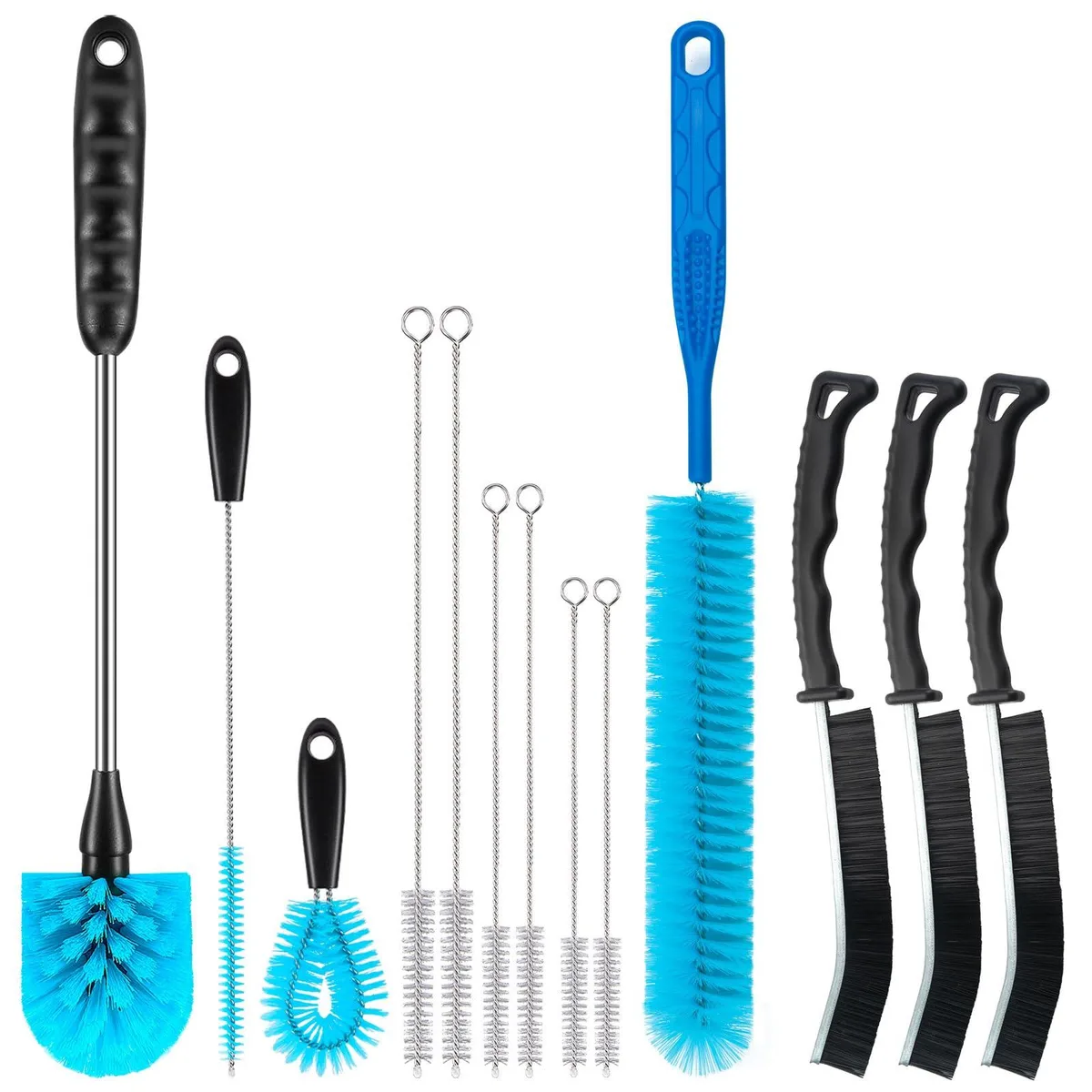 A set of long, slim cleaning brushes with nylon bristles and non-slip handles in a storage case
