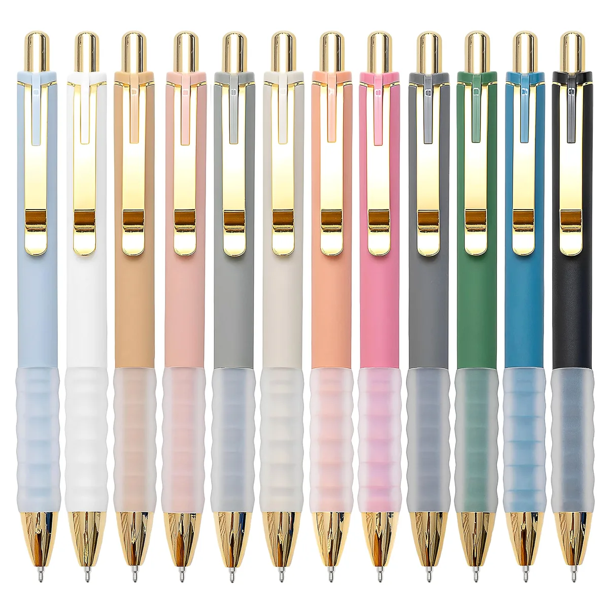 Twelve retractable gold metal ballpoint pens with soft grips