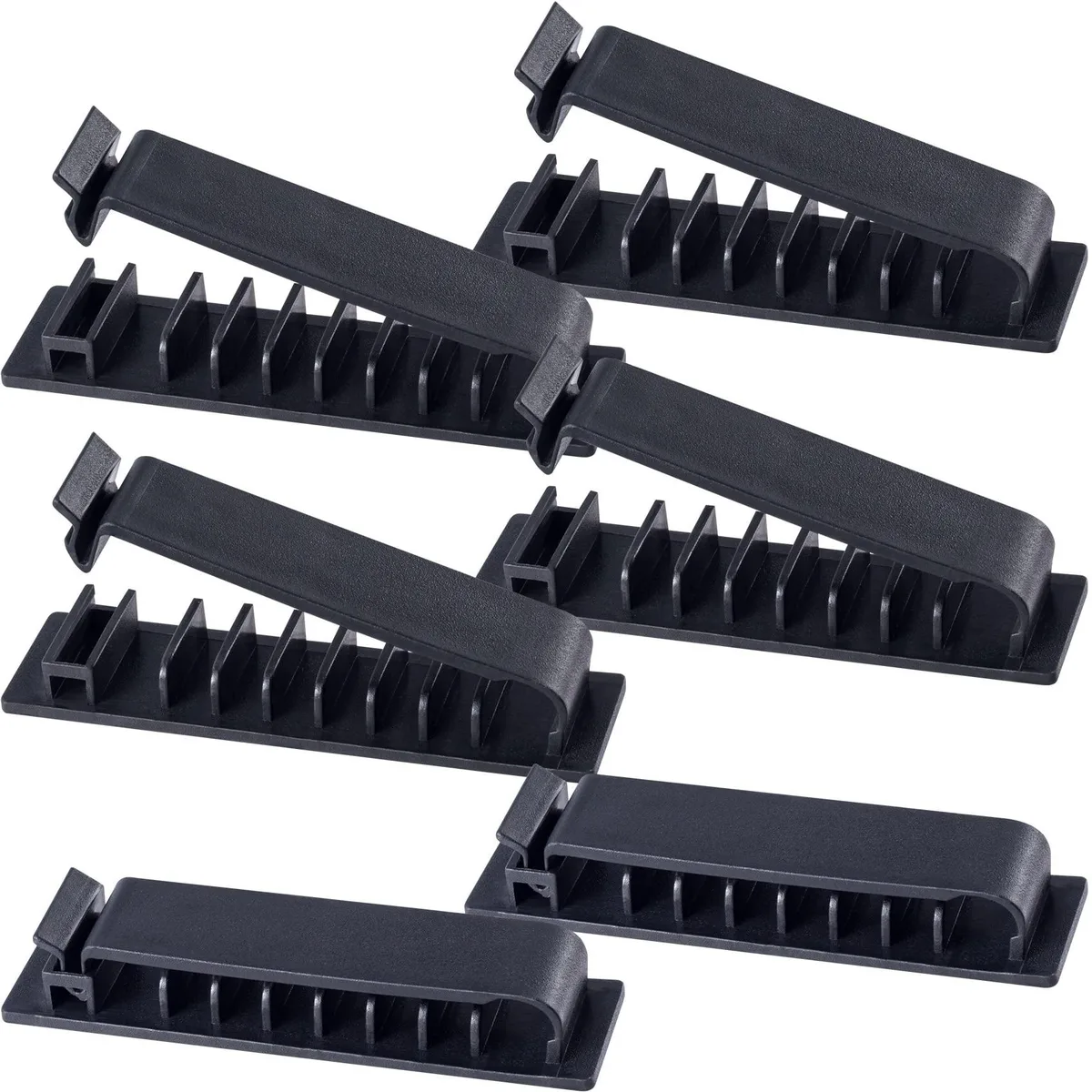 Six black silicone cord clips with self-adhesive backing
