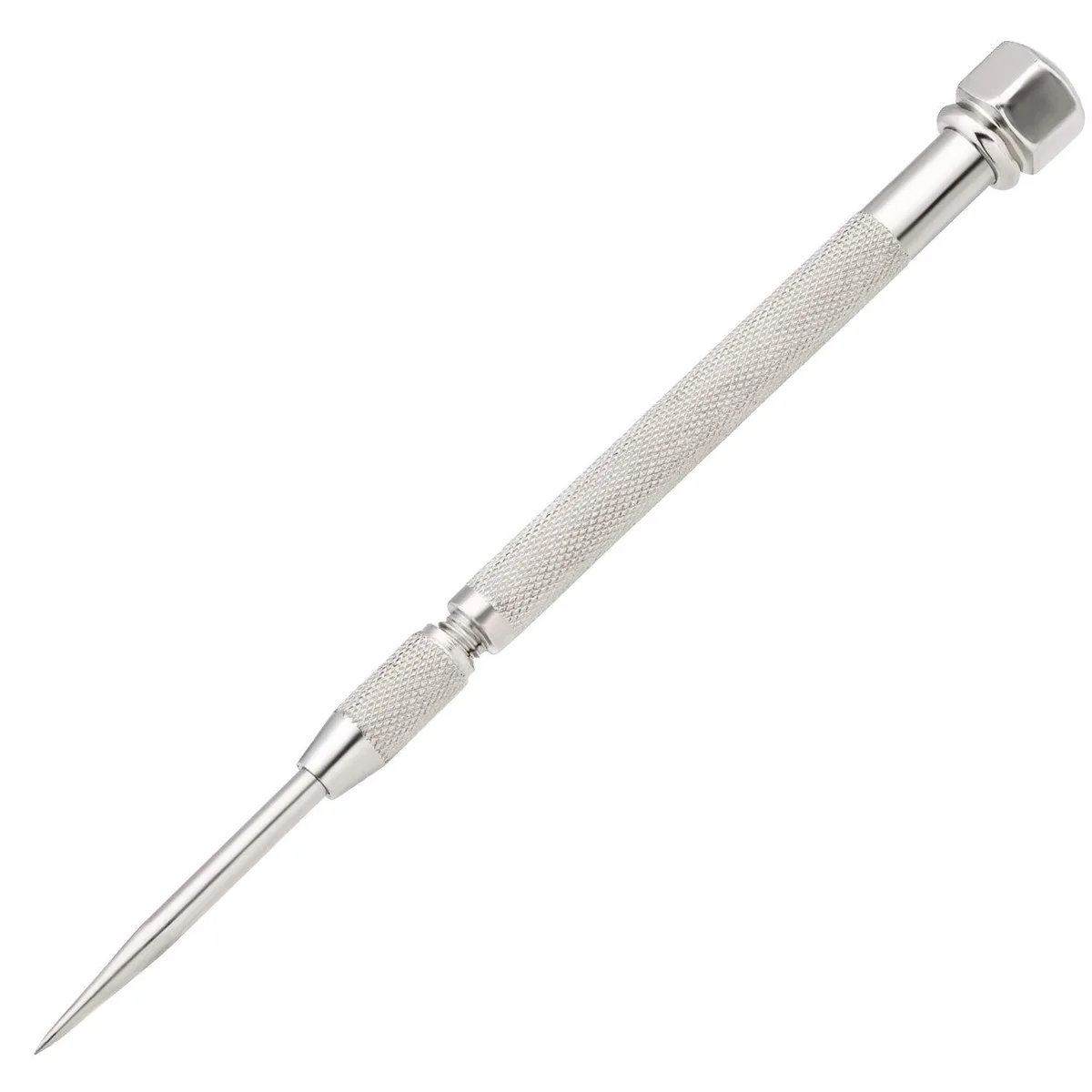 Blue metal pocket scriber with knurled nickel-plated handle and retractable carbide point