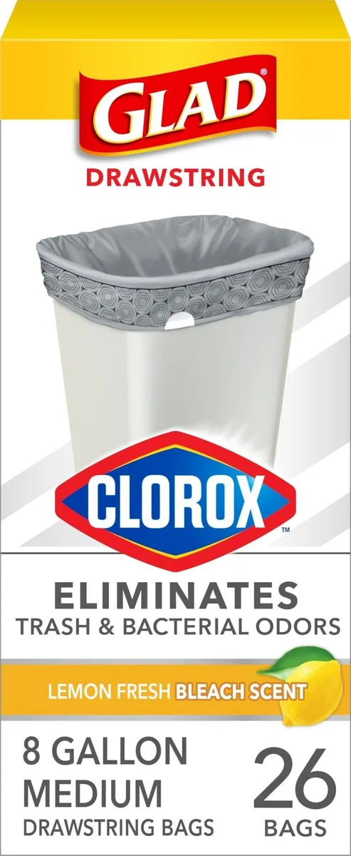 Glad Medium Drawstring Trash Bags with Clorox 8 Gallon Lemon Fresh Bleach Scent 26 Count — product photo