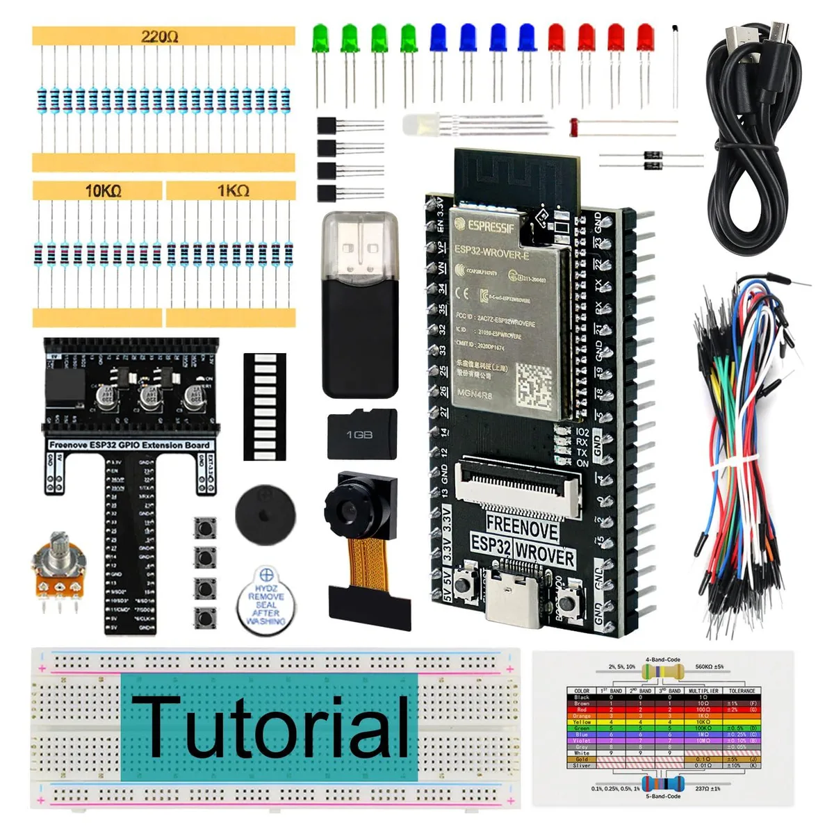 KEHIPI starter kit box with ESP32-CAM board, camera module, and assorted electronic components