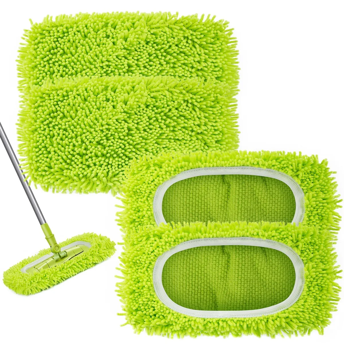 Four white microfiber mop pads with elastic edges