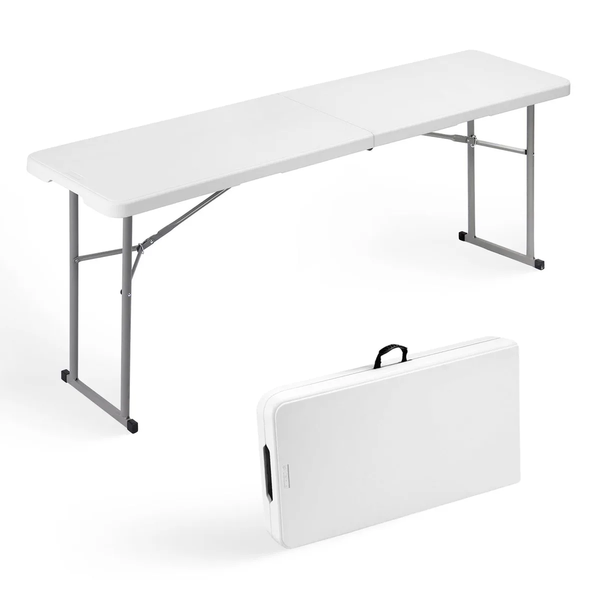 White narrow folding table folded flat with carry handle visible