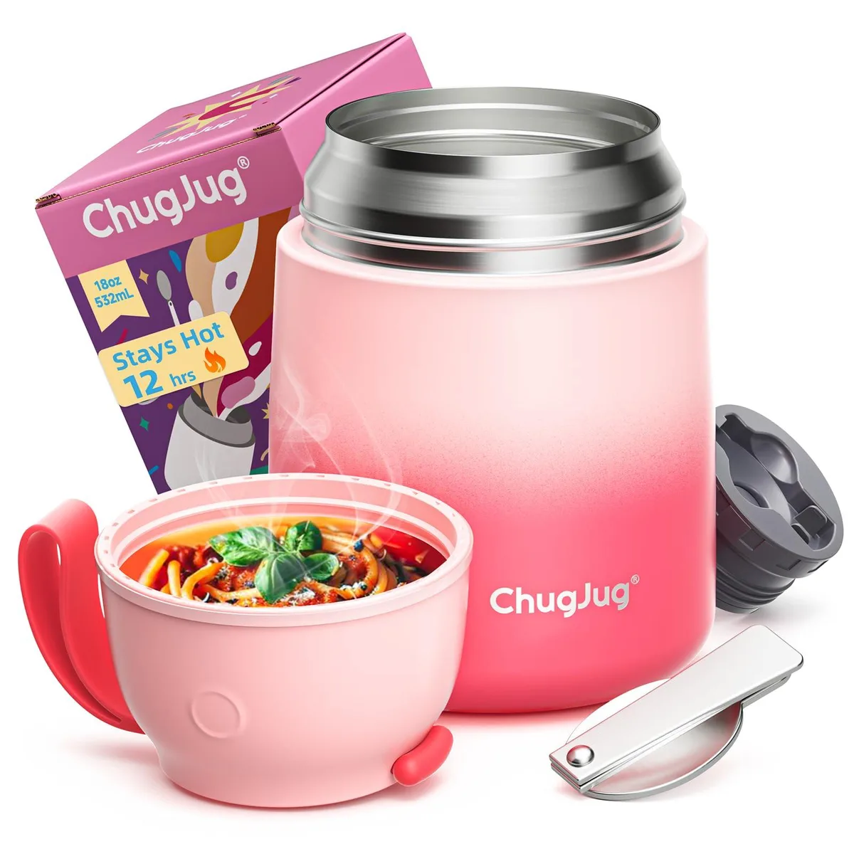 Red insulated food jar with foldable spoon, matte finish