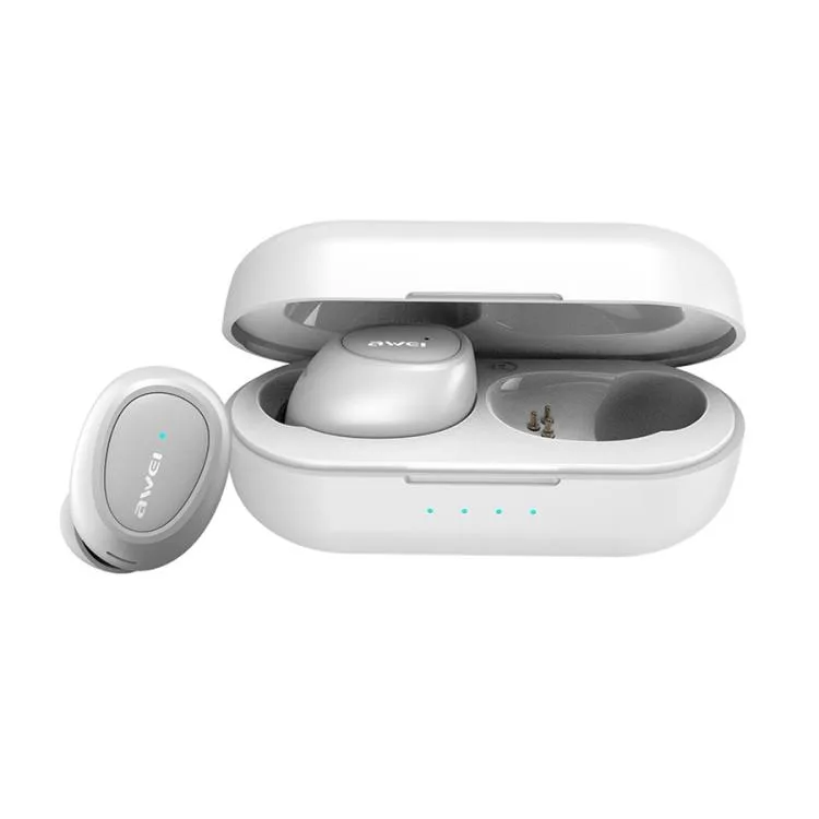 White true wireless earbuds in a matching charging case