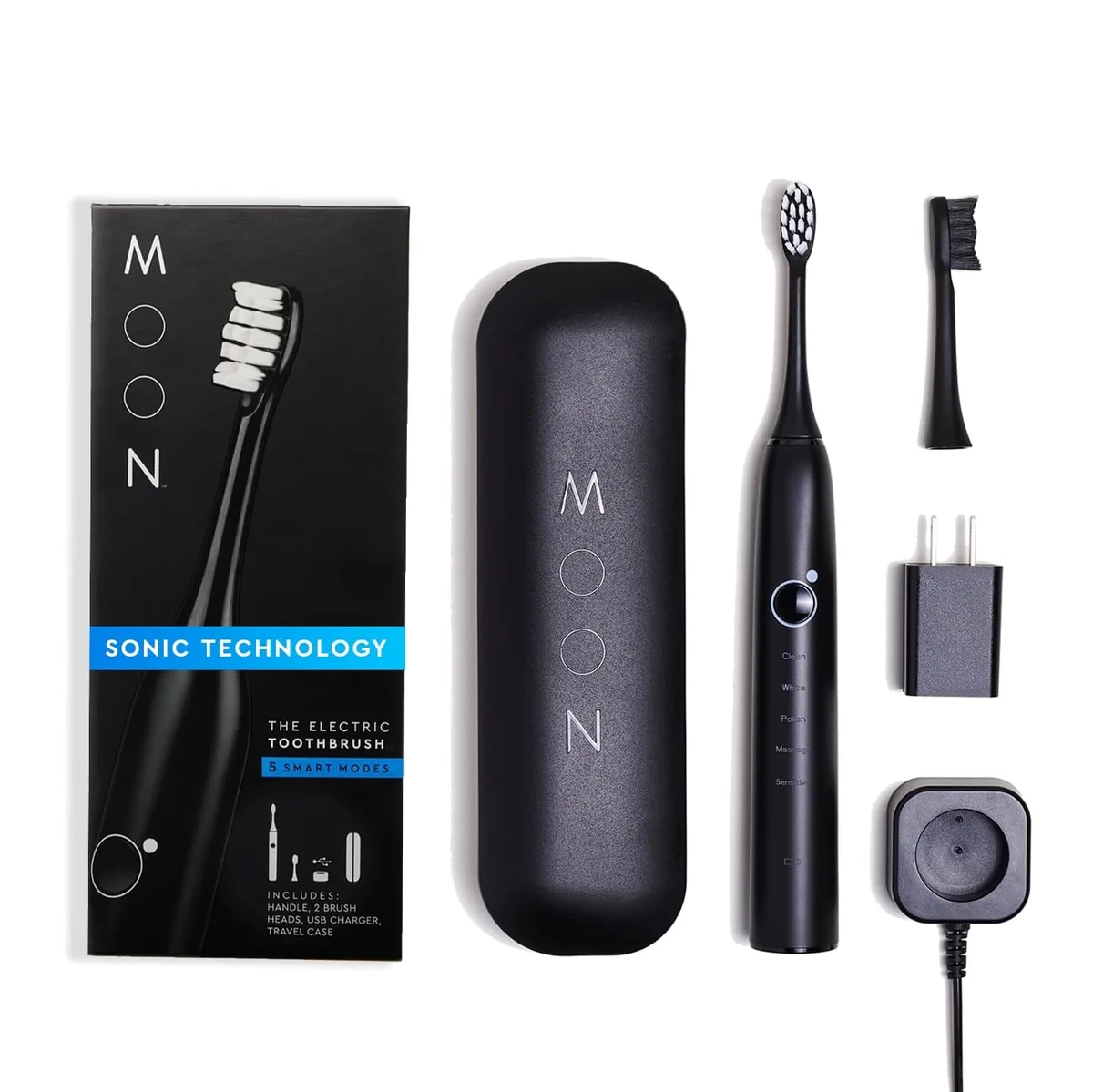 Black sonic electric toothbrush with travel case and two brush heads