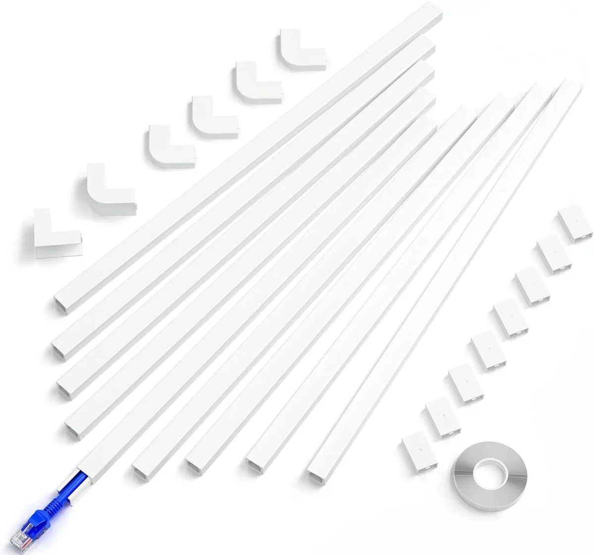 White plastic cable channel kit with nine straight sections and corner pieces