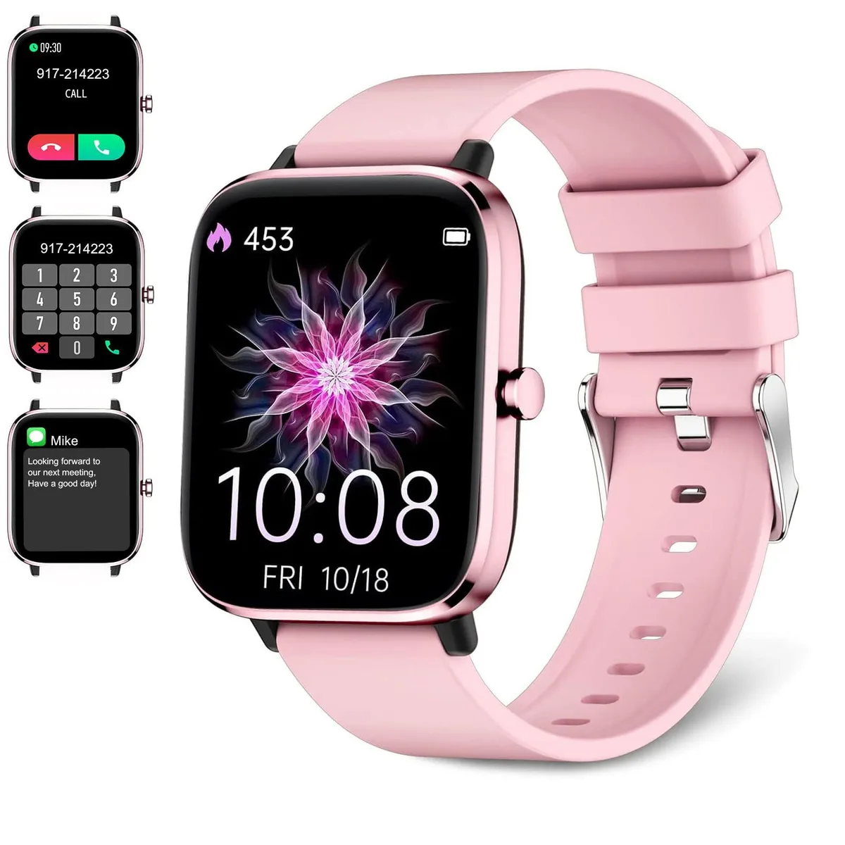 Pink rectangular smartwatch with woven nylon strap and 1.83 AMOLED display