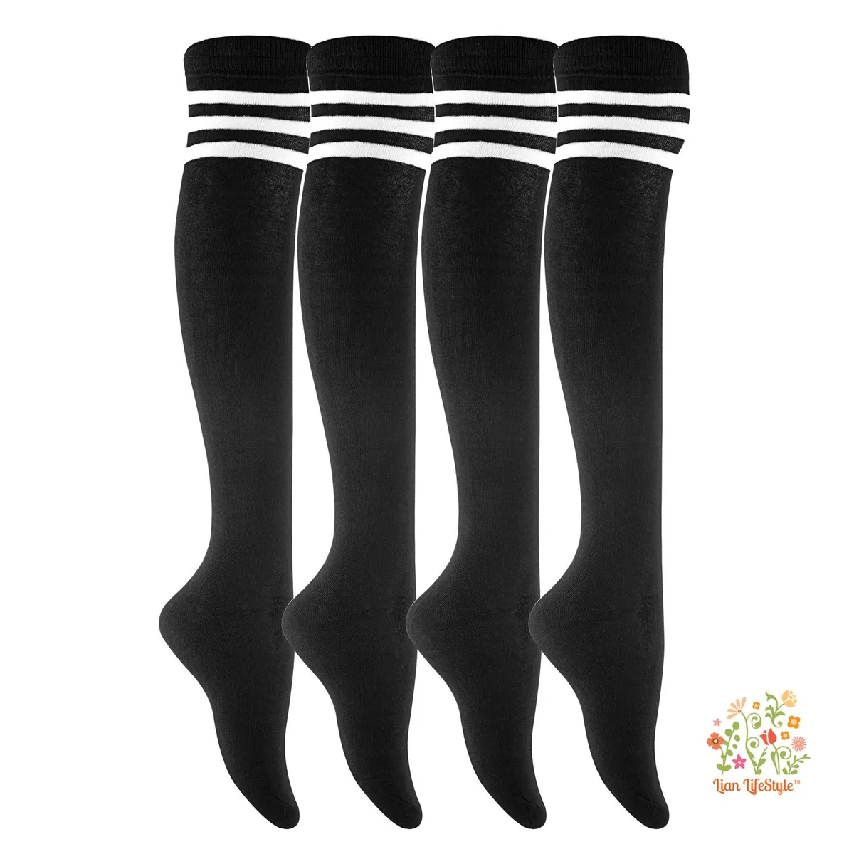 Four pairs of assorted colour thigh-high cotton socks on a light background