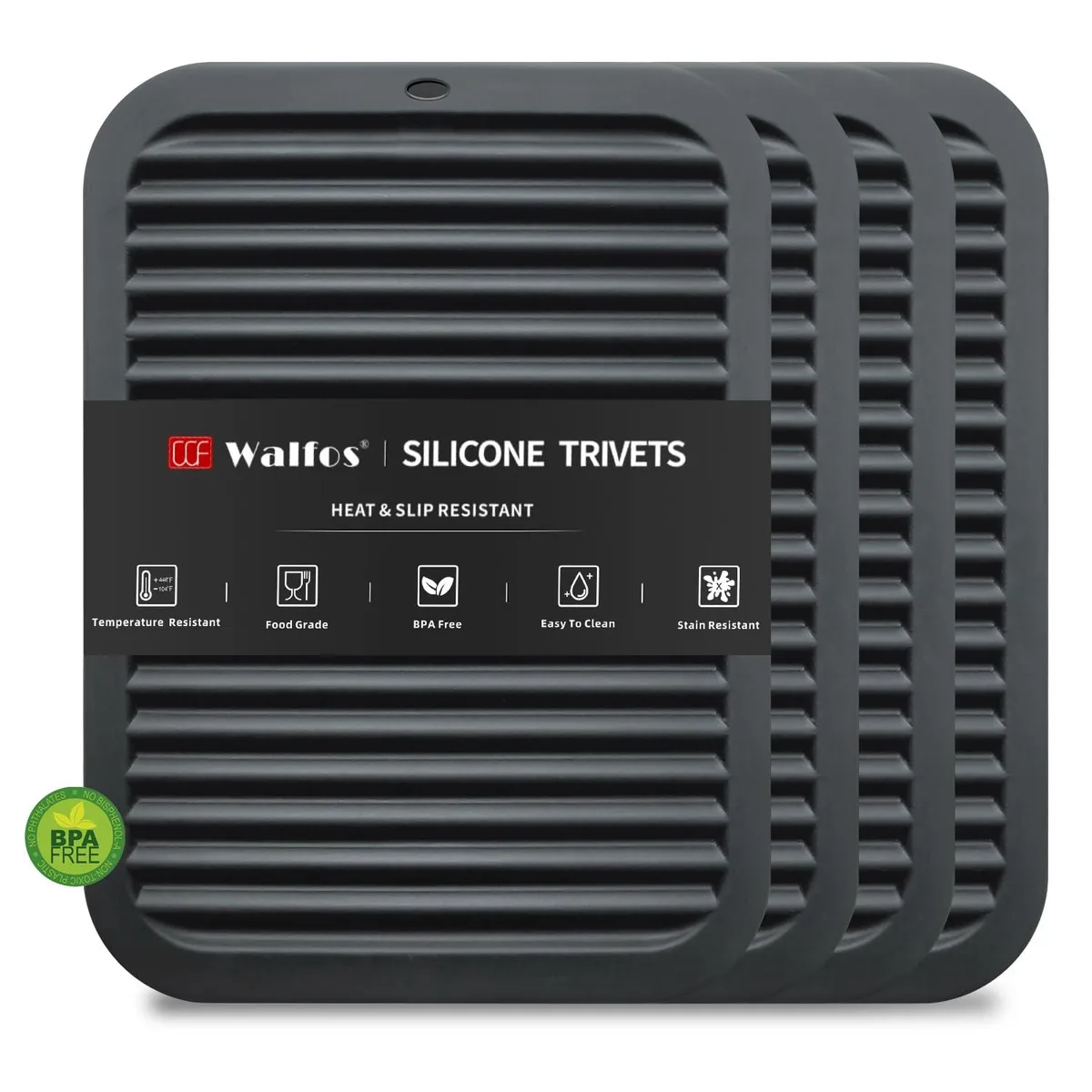 Walfos Silicone Trivet Set 446°F 12 x 9 x .22 4pcs Black — product photo