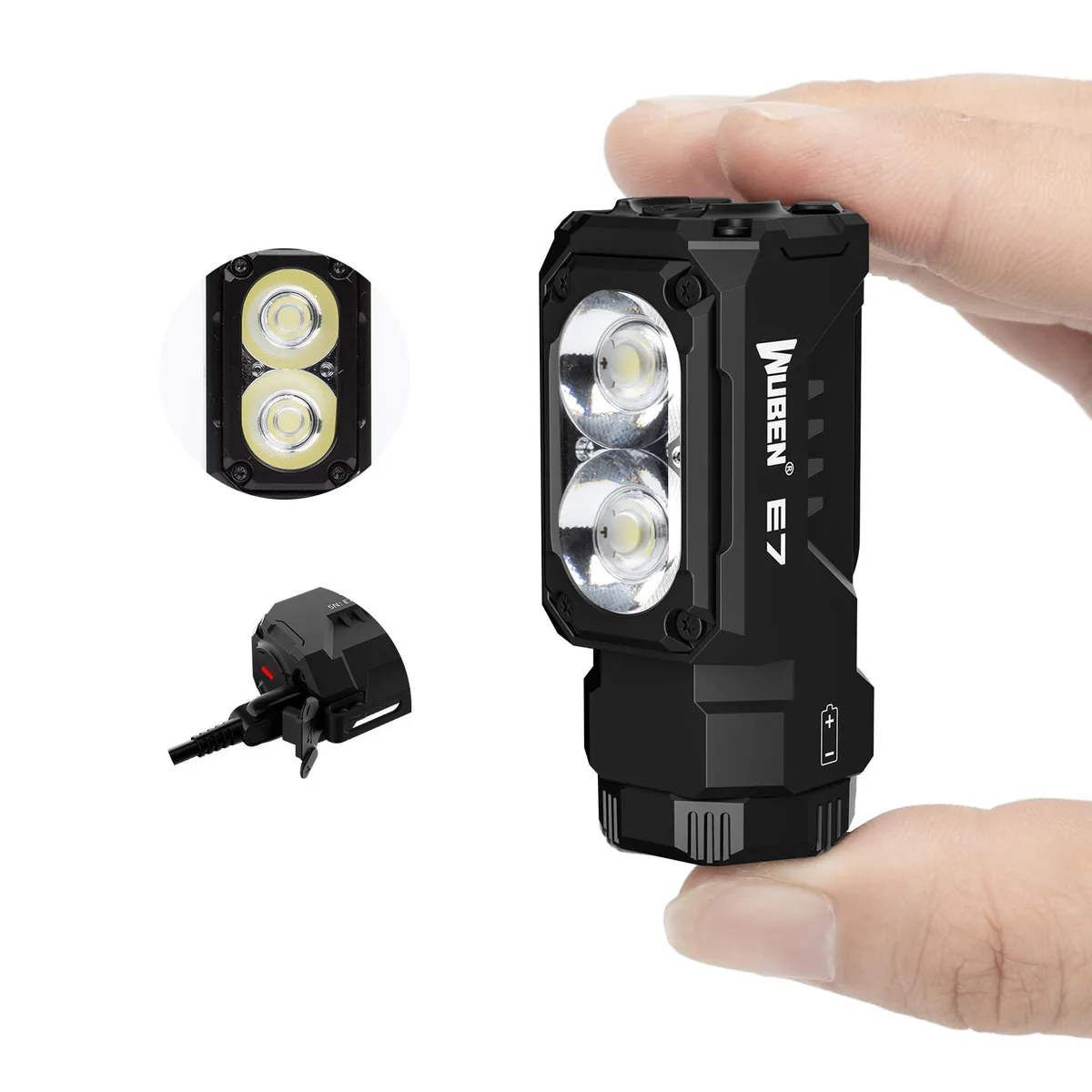 Small cylindrical aluminium flashlight with magnetic tail and pocket clip
