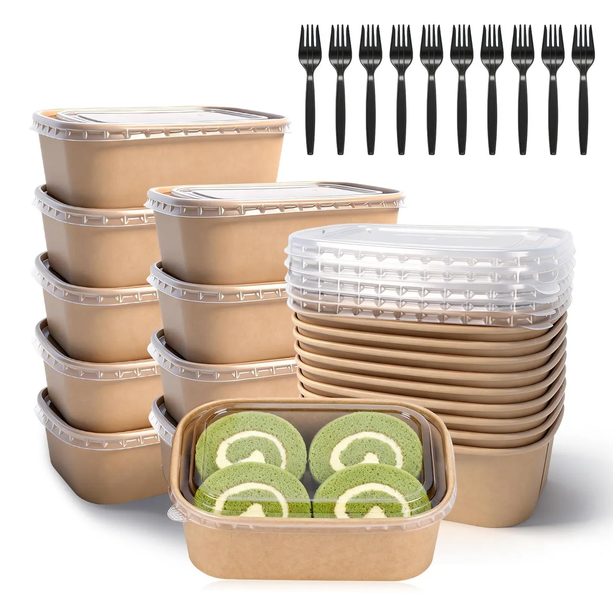 Ten brown kraft paper bowls with lids and forks