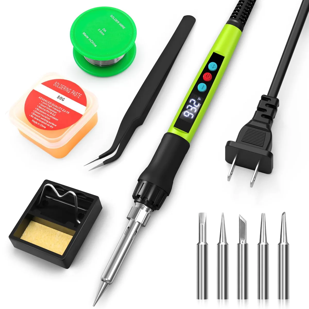 Green pistol-grip soldering gun with LED display, stand, wire, tweezers and paste