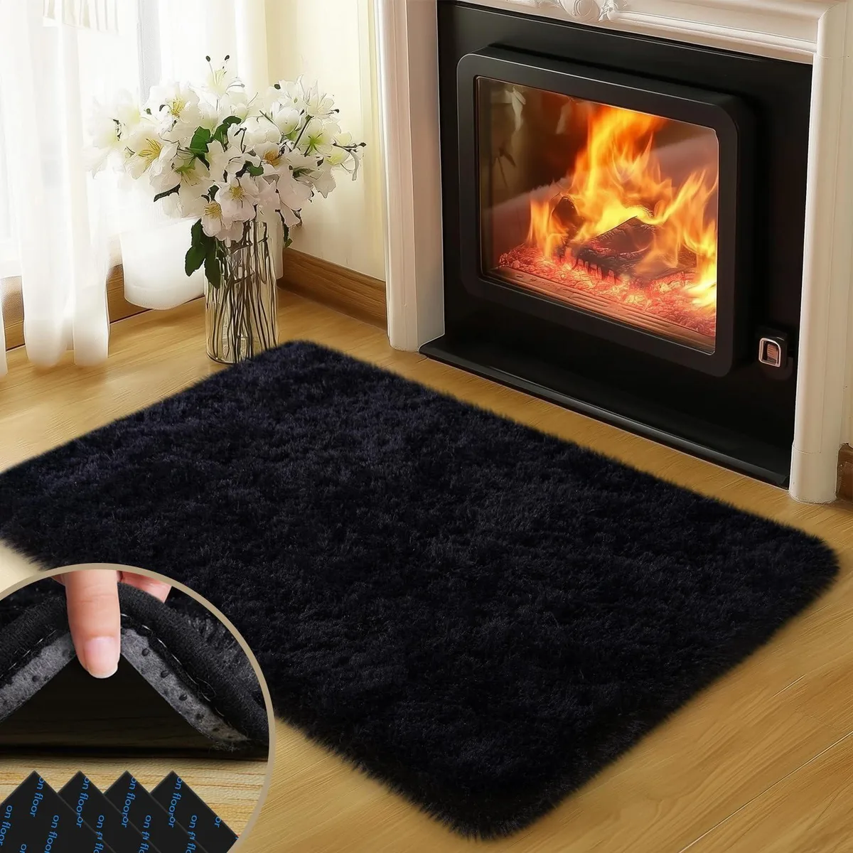 Black rectangular runner rug with thick fluffy pile and anti-slip backing
