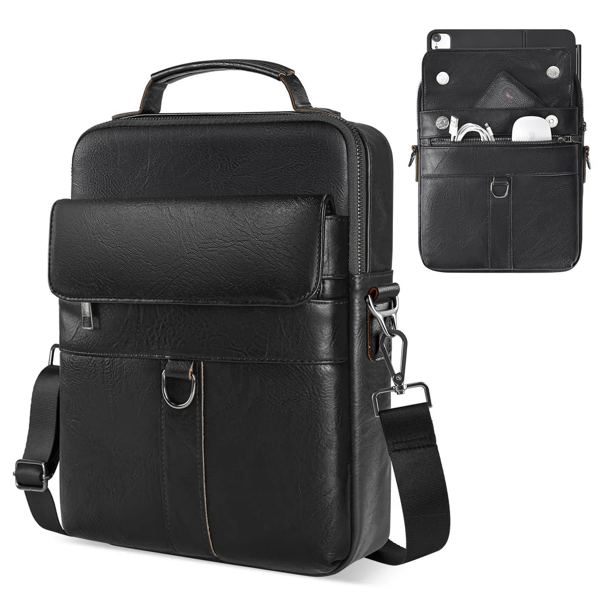 Black PU leather business case with top handle and adjustable shoulder strap