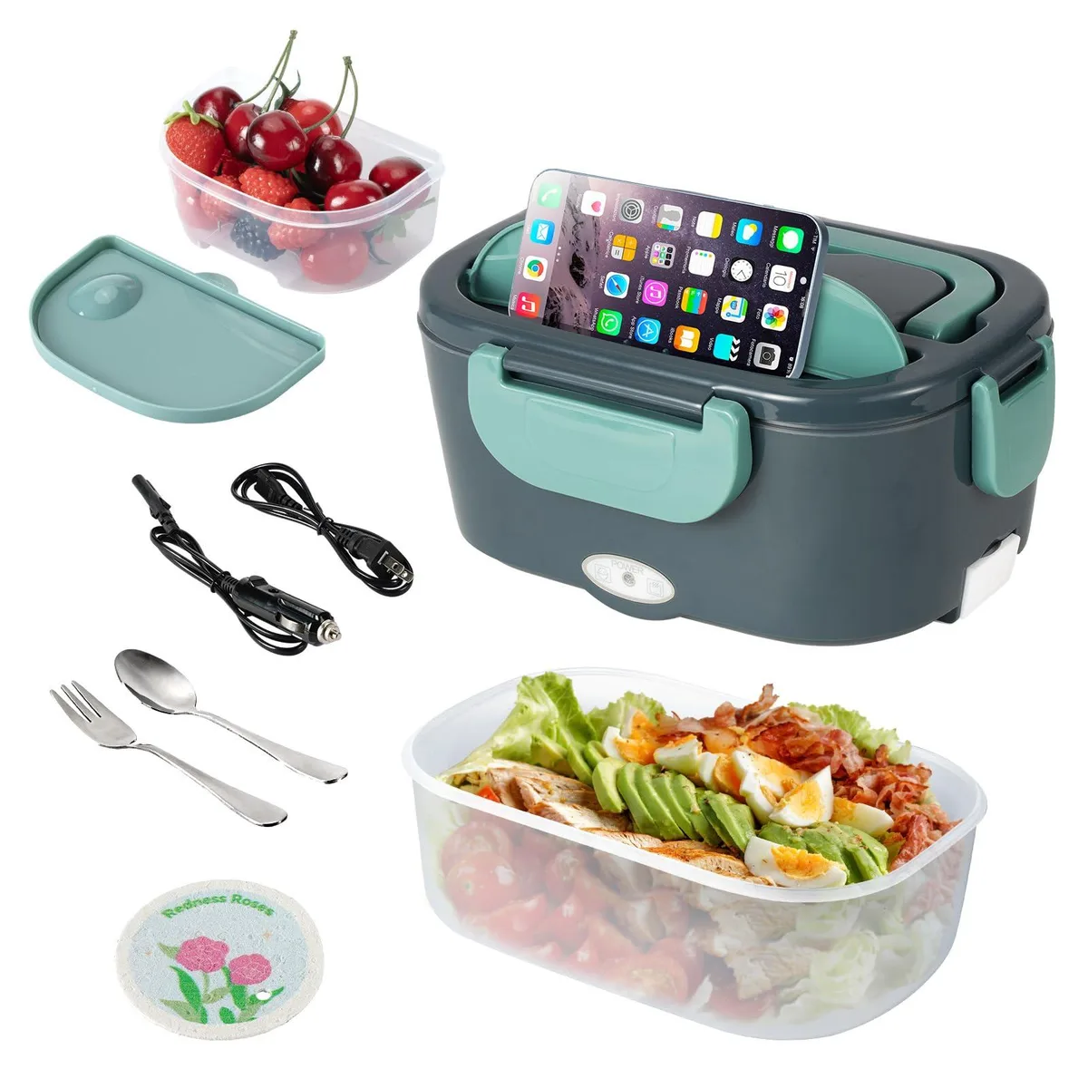 Red rectangular electric lunch box with handle and dual power cables