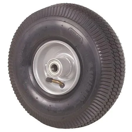 Grey pneumatic wheel with sawtooth tread, offset steel hub, 10 inch diameter