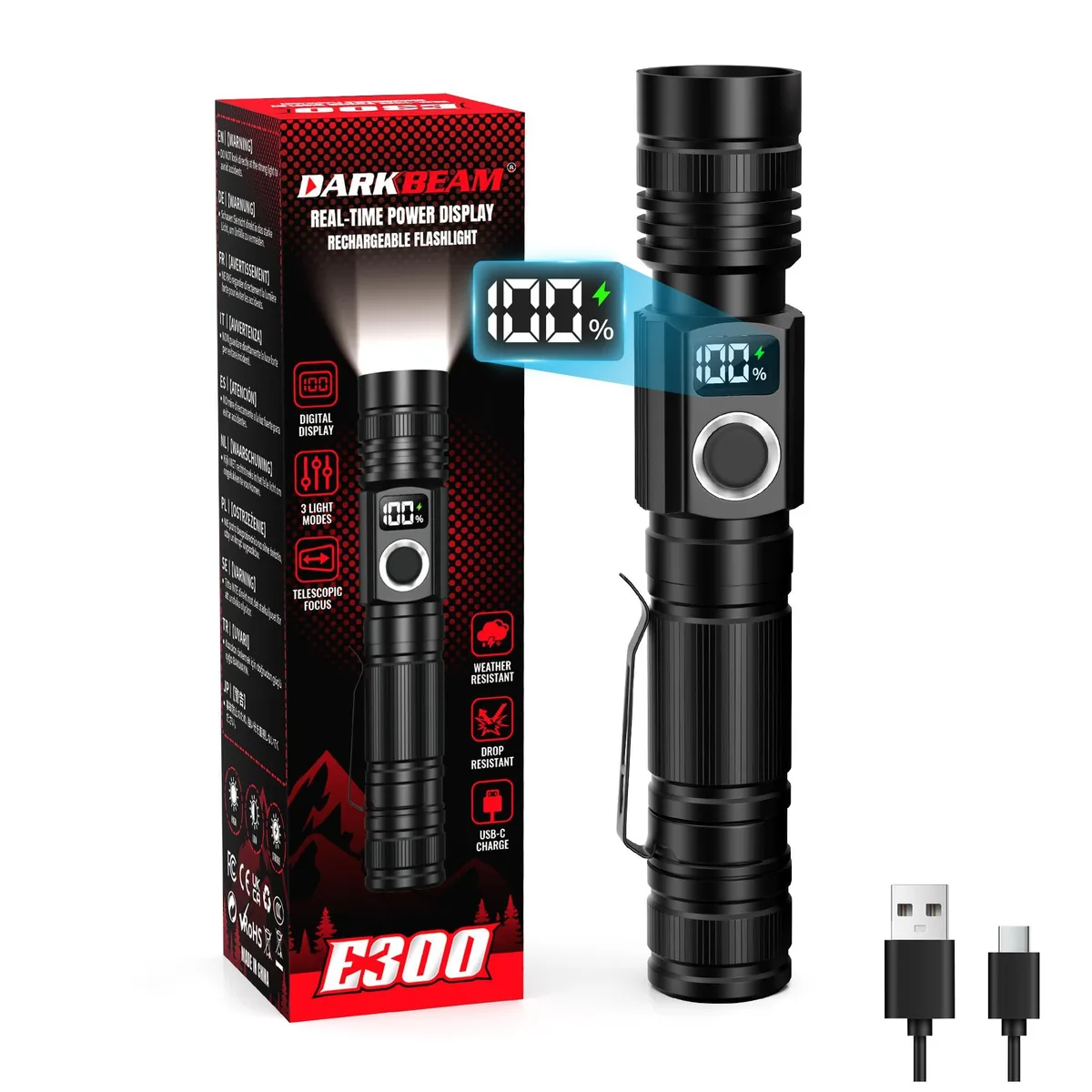 Cylindrical aluminium flashlight with digital display and USB-C port