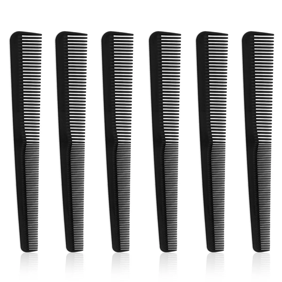 Six black carbon-fiber combs, 18 cm long, fine and wide teeth