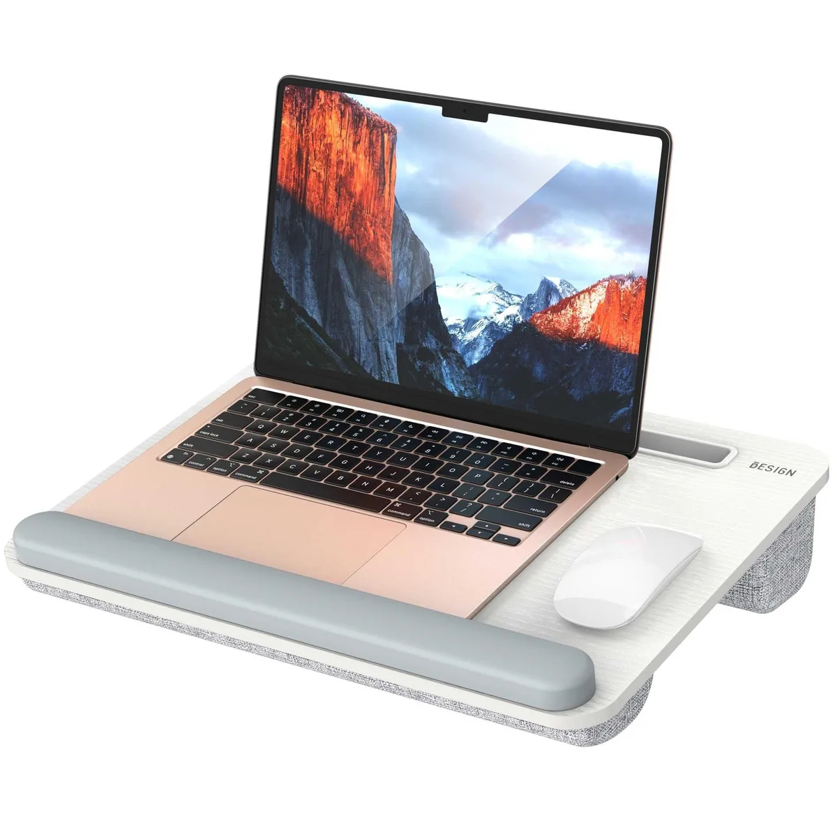 White and gray lap desk with dual bolster cushions, anti-slip strip and carry handle