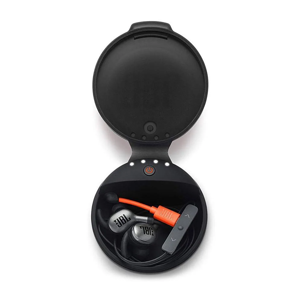 Black silicone charging case for JBL wireless in-ear headphones with LED indicators and strap anchor