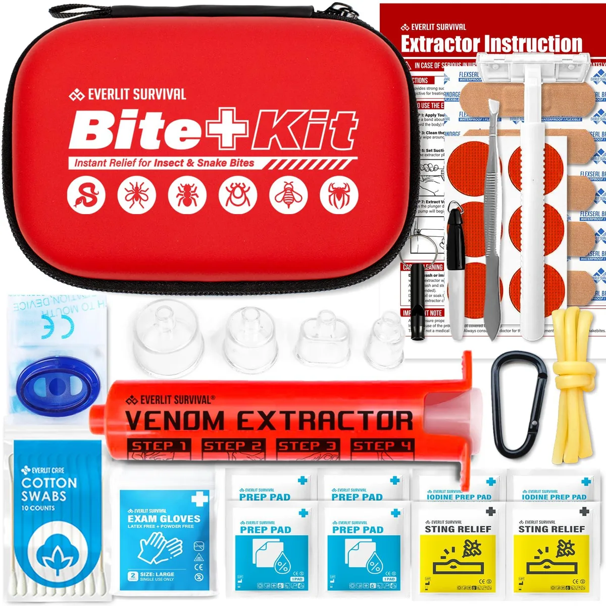 Compact red first aid pouch with carabiner clip, 5.5 by 4 by 2 inches