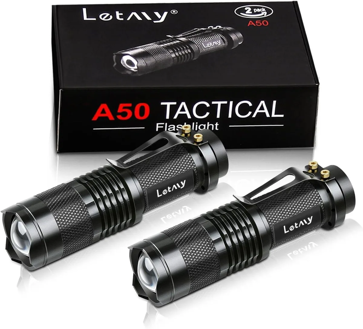 Two compact silver flashlights with belt clips shown side by side