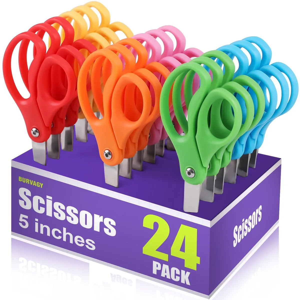 Twenty-four five-inch blunt-tip kids scissors in assorted colours with comfort-grip handles