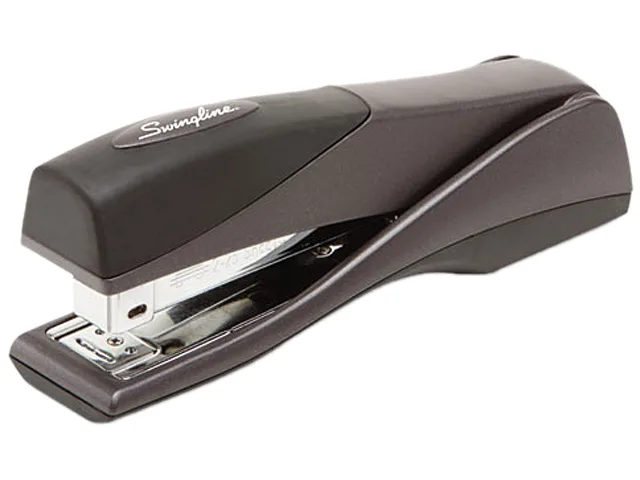 Red handheld stapler with contoured graphite grip, vertical design