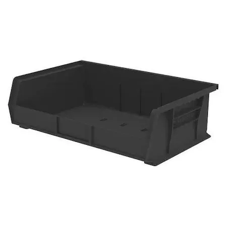 Black plastic hang-and-stack storage bin, rectangular with open top, label slots, stackable design