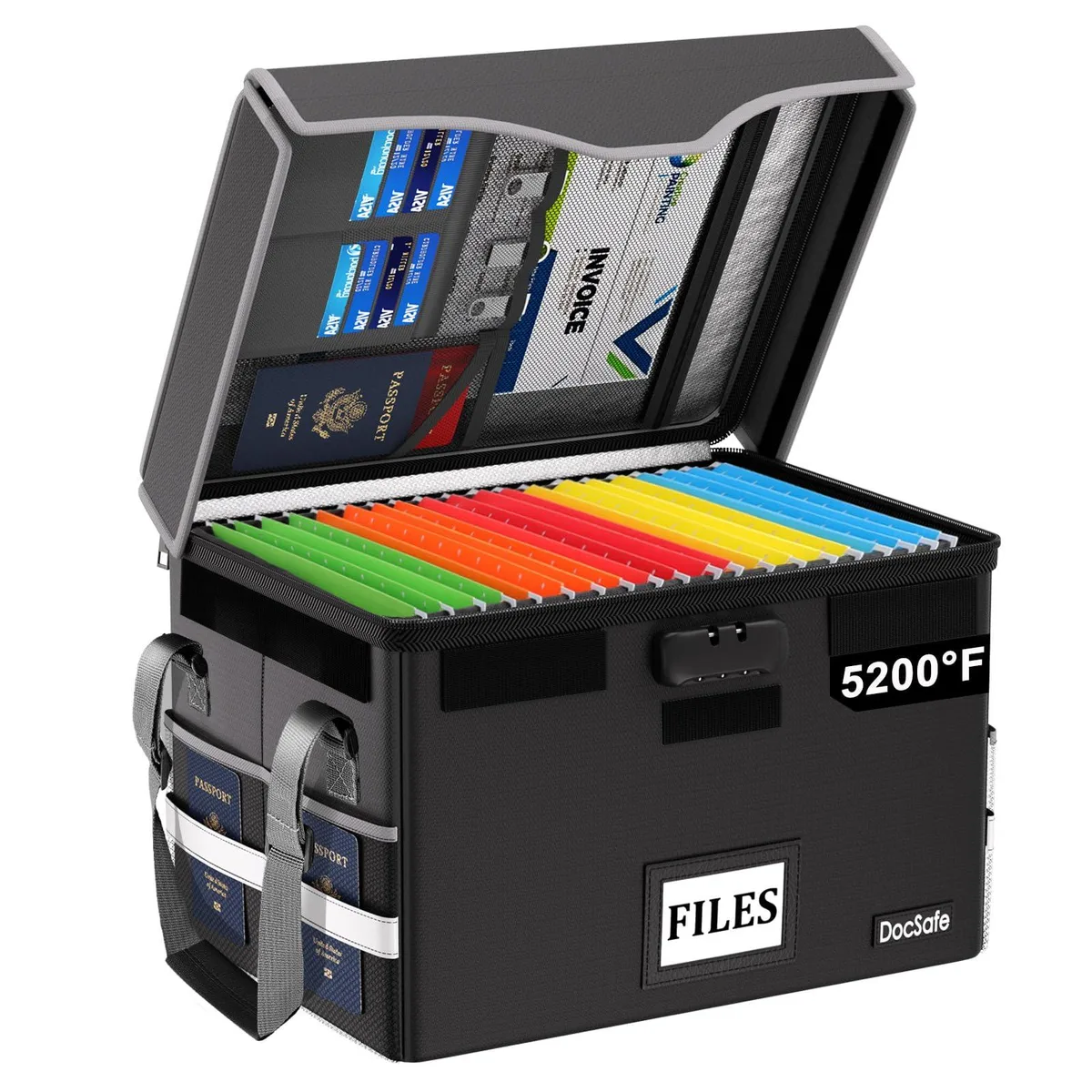 Black fireproof document box with lock, reflective strip, collapsible handle, mesh pockets and tab inserts